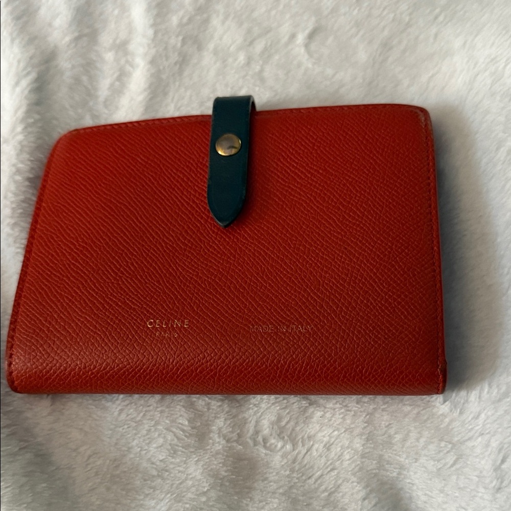 Authentic Celine Red Textured Wallet with Blue Strap
